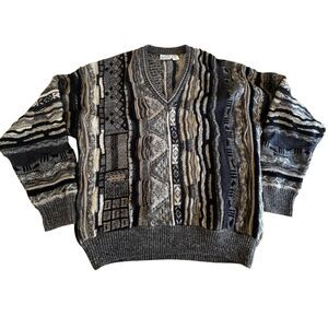 Vtg Coogi-Style Italian Wool Multi Color Italian V-Neck Grandpacore Sweater XL